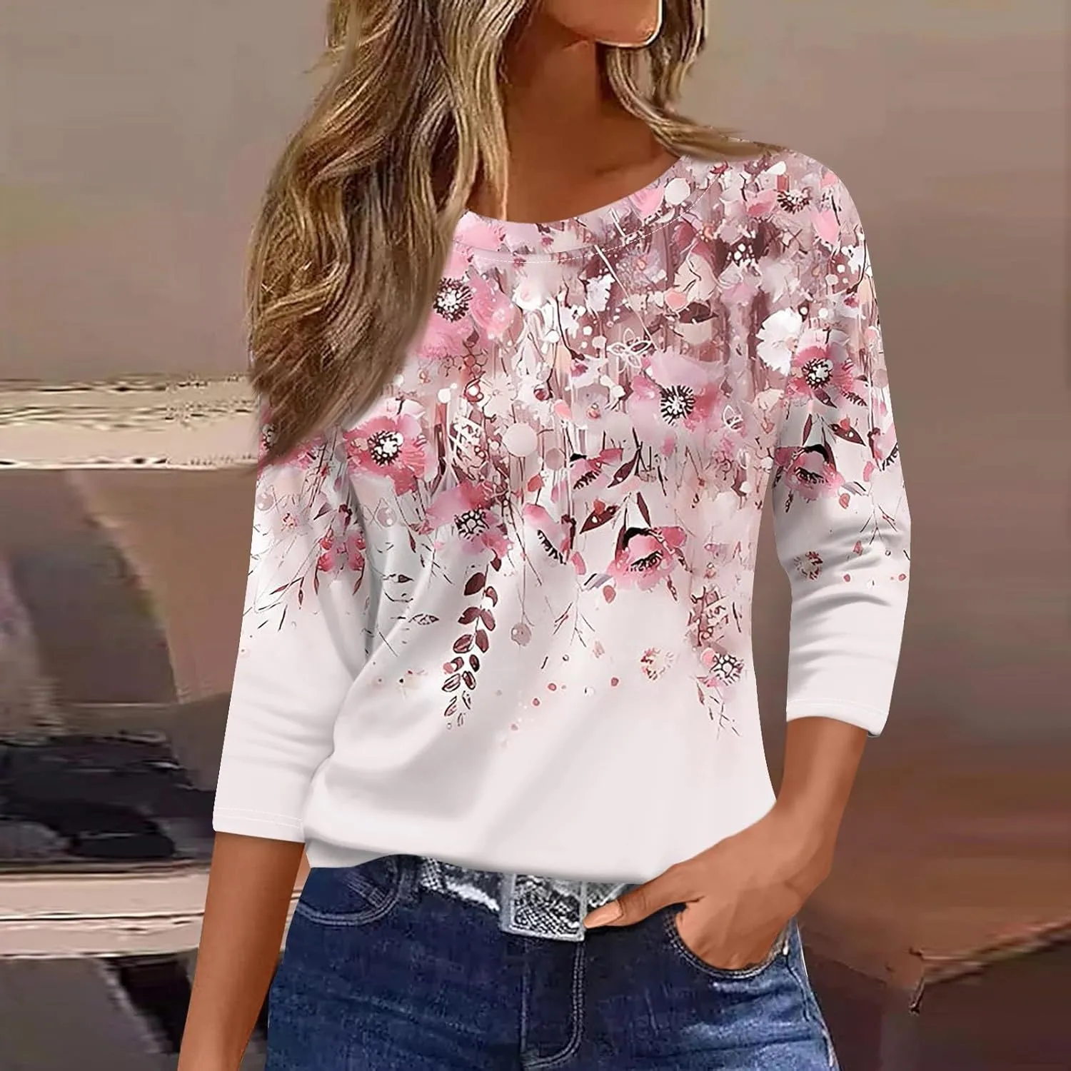 Women's Casual Crew-Neck 3/4 Sleeve Floral Print Loose Blouse Top for Spring Summer Fashion Outfit 2025