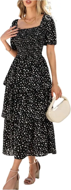 Women's Casual Summer Midi Dress Puffy Short Sleeve Square Neck Smocked Tiered Ruffle Dresses Wedding Guest Dresses