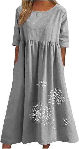 Women's Cotton Linen Midi Dress Summer Short Sleeve Dresses Elegant Casual A-Line Solid Tshirt Sundress with Pockets