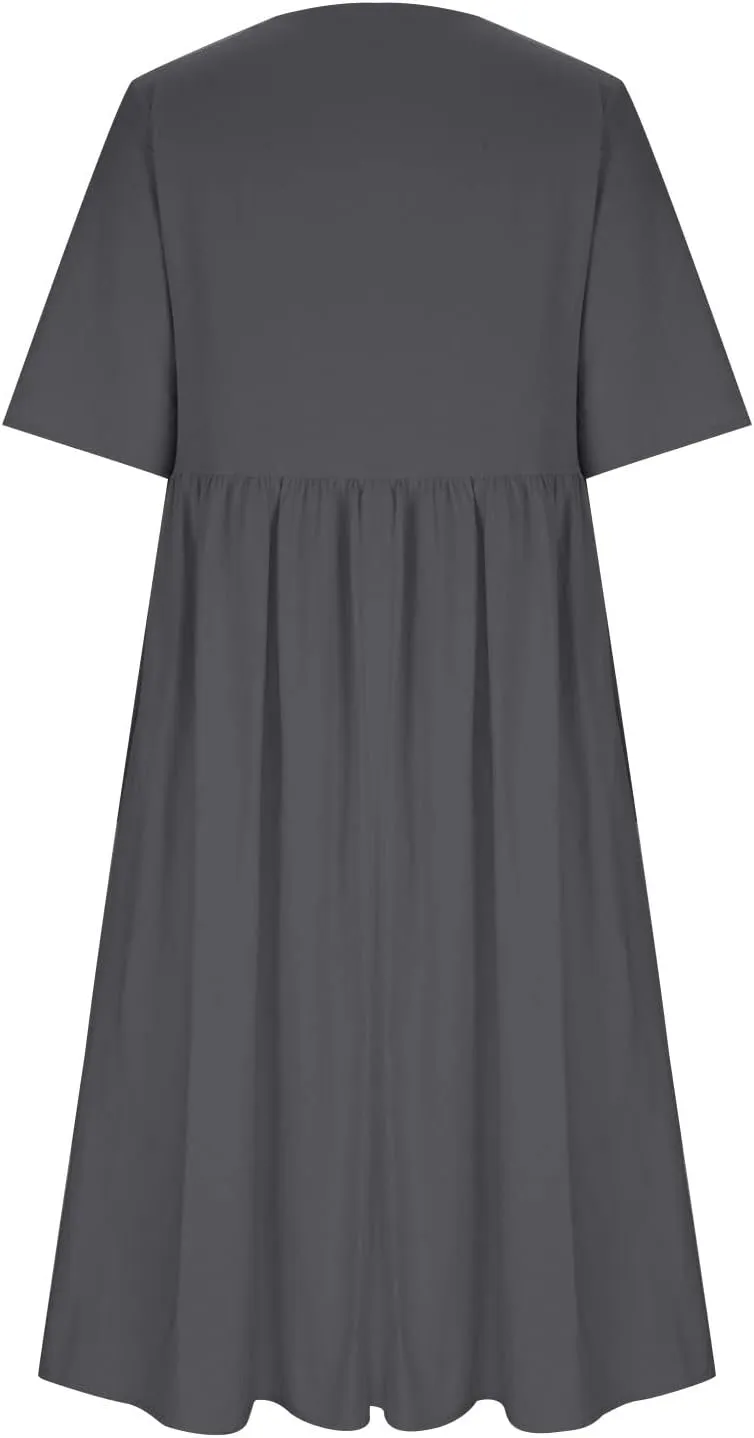 Women's Cotton Linen Midi Dress Summer Short Sleeve Dresses Elegant Casual A-Line Solid Tshirt Sundress with Pockets