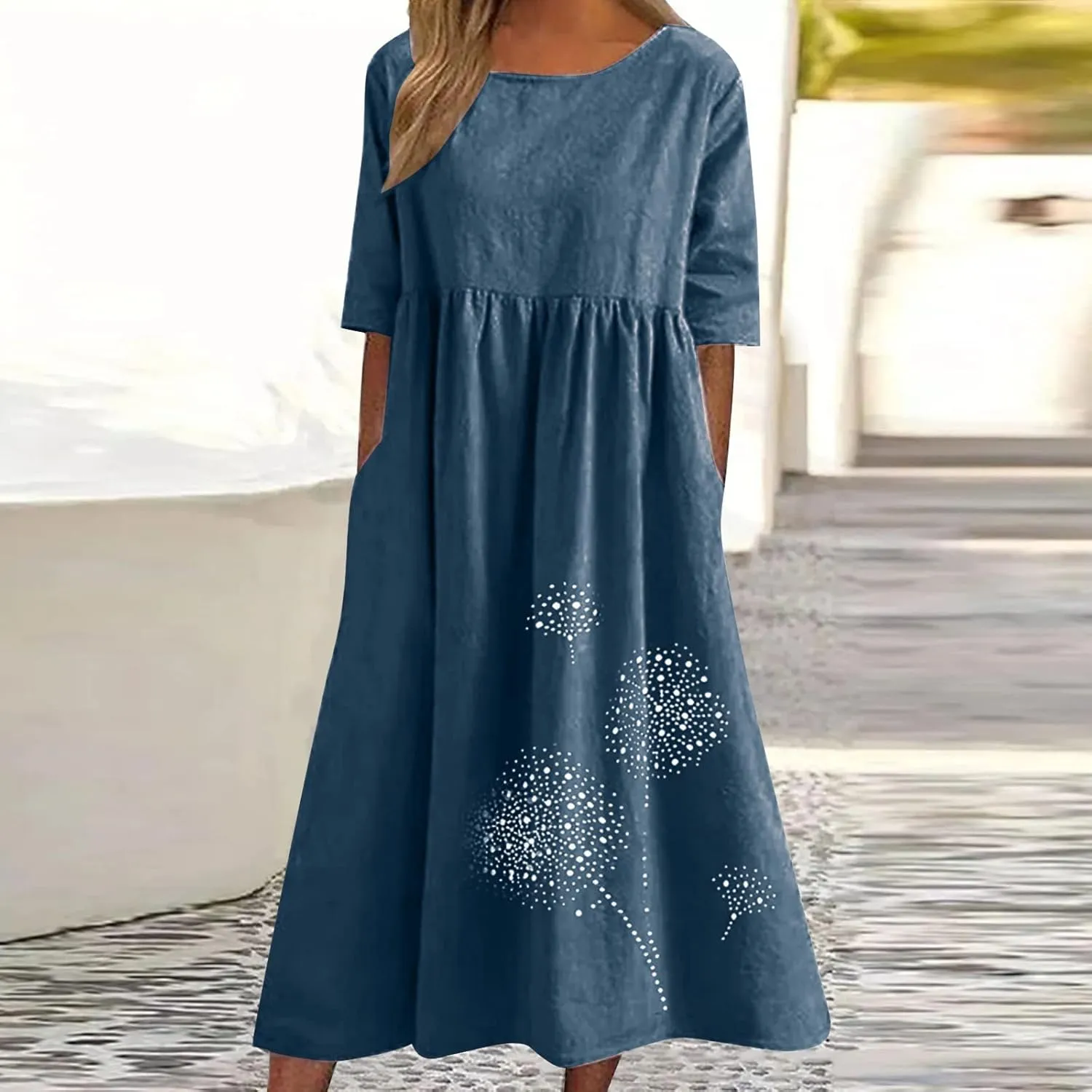 Women's Cotton Linen Midi Dress Summer Short Sleeve Dresses Elegant Casual A-Line Solid Tshirt Sundress with Pockets