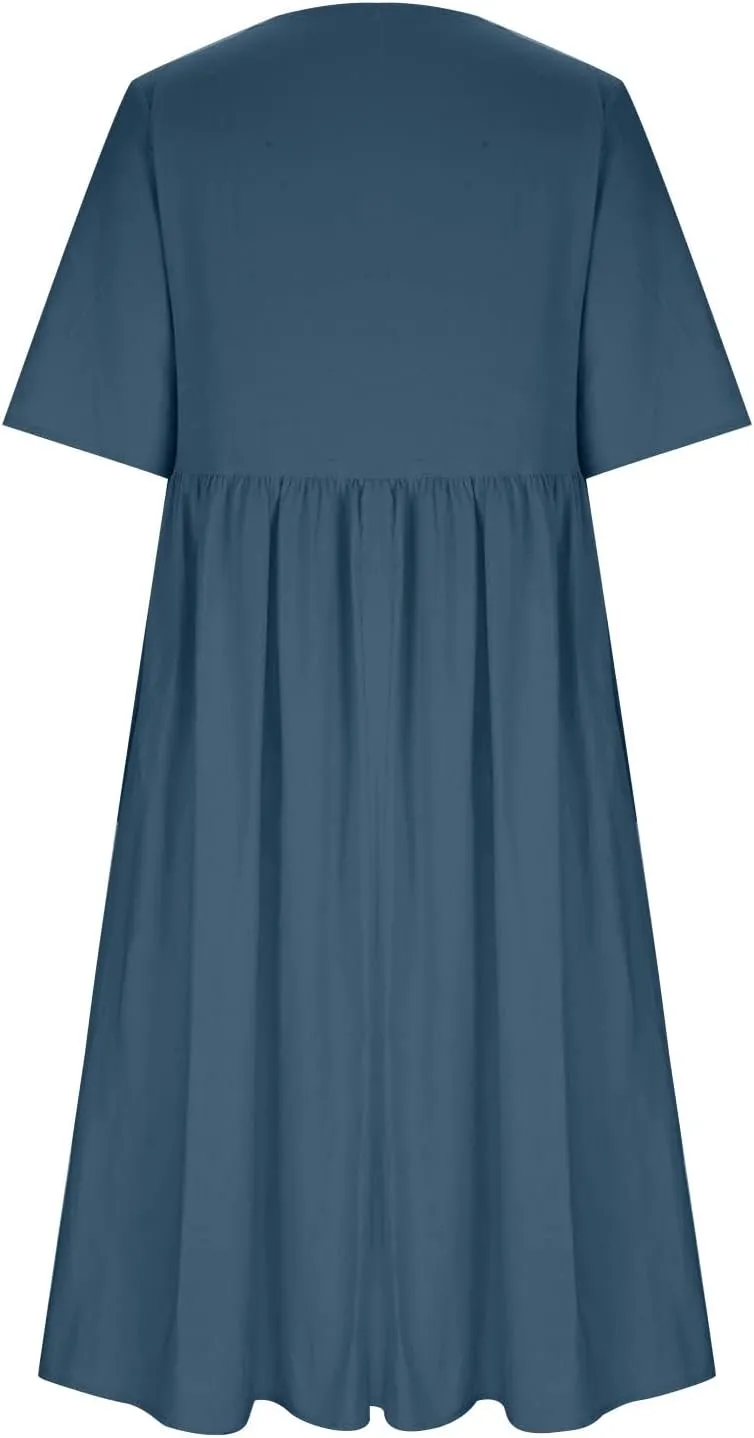 Women's Cotton Linen Midi Dress Summer Short Sleeve Dresses Elegant Casual A-Line Solid Tshirt Sundress with Pockets