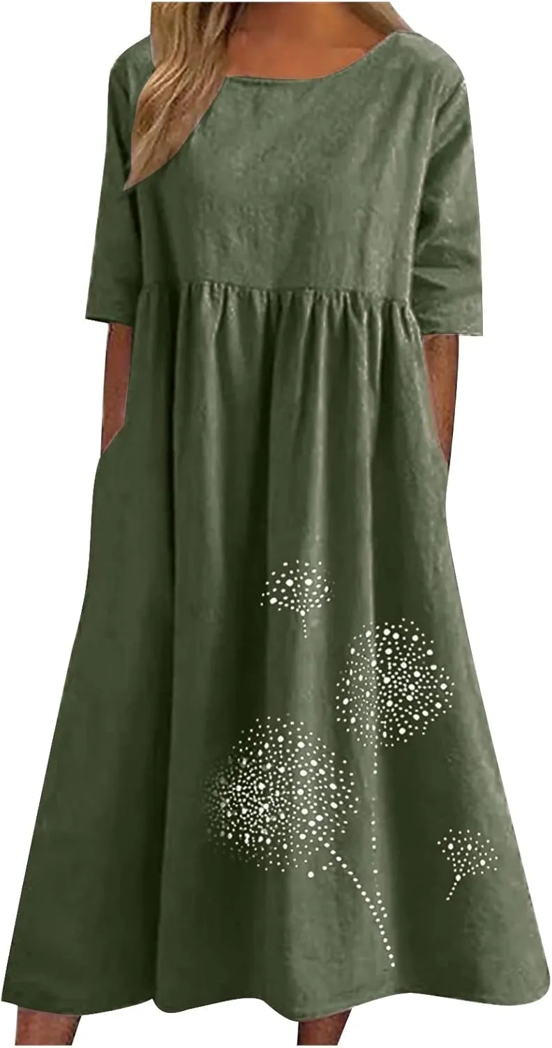 Women's Cotton Linen Midi Dress Summer Short Sleeve Dresses Elegant Casual A-Line Solid Tshirt Sundress with Pockets