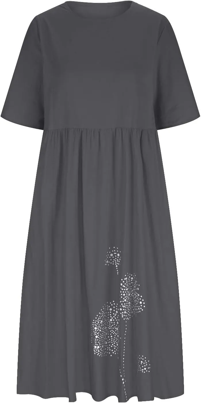 Women's Cotton Linen Midi Dress Summer Short Sleeve Dresses Elegant Casual A-Line Solid Tshirt Sundress with Pockets