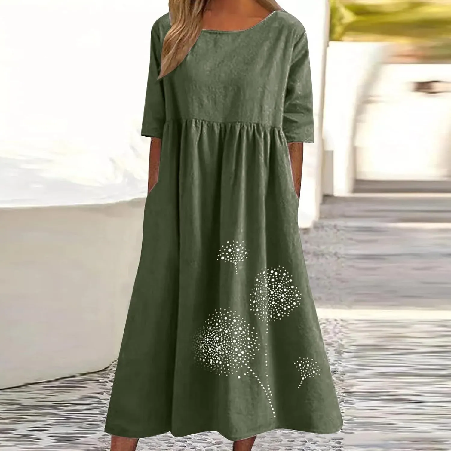 Women's Cotton Linen Midi Dress Summer Short Sleeve Dresses Elegant Casual A-Line Solid Tshirt Sundress with Pockets