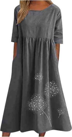 Women's Cotton Linen Midi Dress Summer Short Sleeve Dresses Elegant Casual A-Line Solid Tshirt Sundress with Pockets