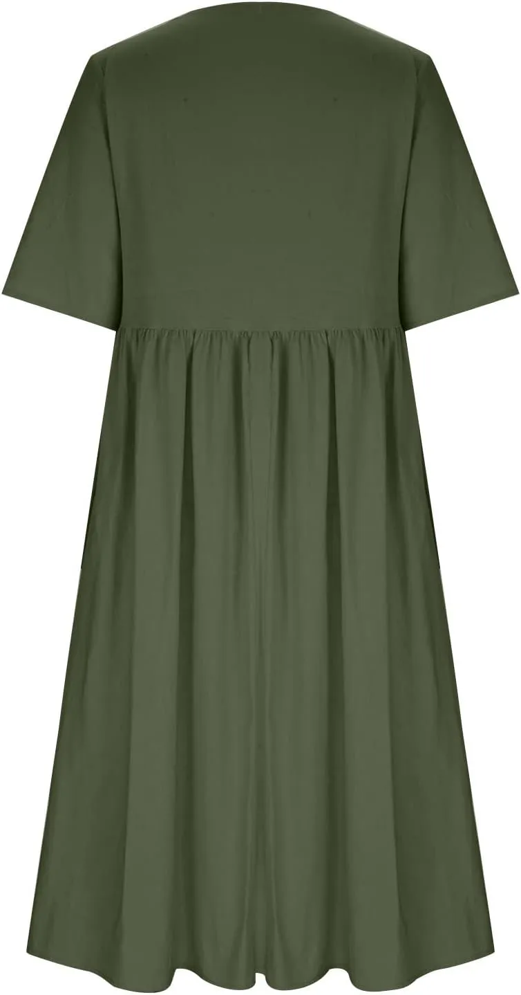 Women's Cotton Linen Midi Dress Summer Short Sleeve Dresses Elegant Casual A-Line Solid Tshirt Sundress with Pockets