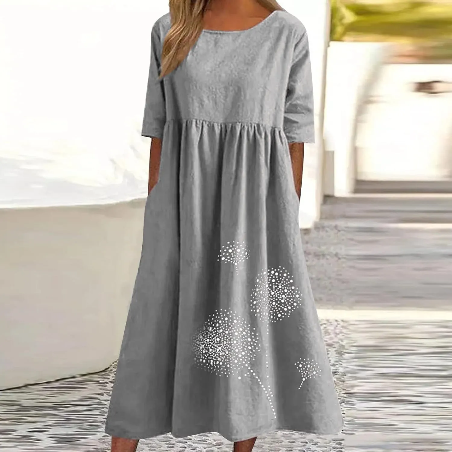 Women's Cotton Linen Midi Dress Summer Short Sleeve Dresses Elegant Casual A-Line Solid Tshirt Sundress with Pockets