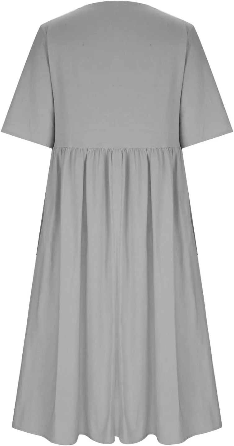 Women's Cotton Linen Midi Dress Summer Short Sleeve Dresses Elegant Casual A-Line Solid Tshirt Sundress with Pockets