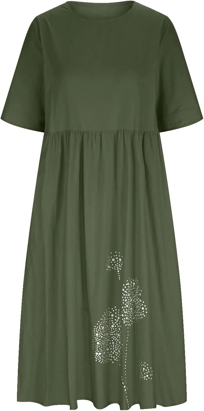 Women's Cotton Linen Midi Dress Summer Short Sleeve Dresses Elegant Casual A-Line Solid Tshirt Sundress with Pockets