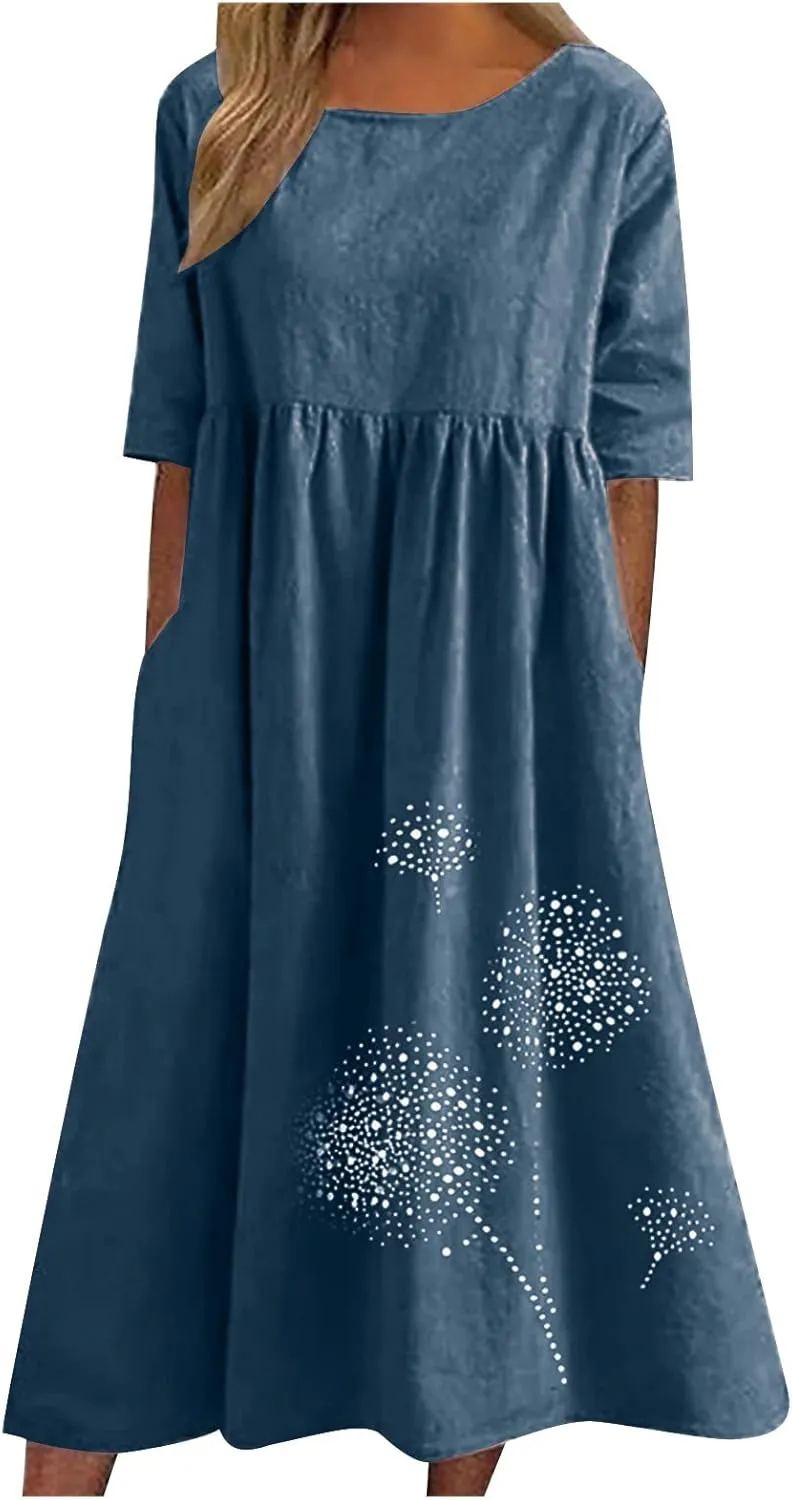 Women's Cotton Linen Midi Dress Summer Short Sleeve Dresses Elegant Casual A-Line Solid Tshirt Sundress with Pockets