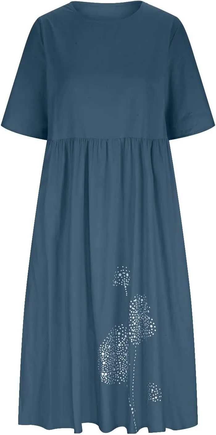 Women's Cotton Linen Midi Dress Summer Short Sleeve Dresses Elegant Casual A-Line Solid Tshirt Sundress with Pockets