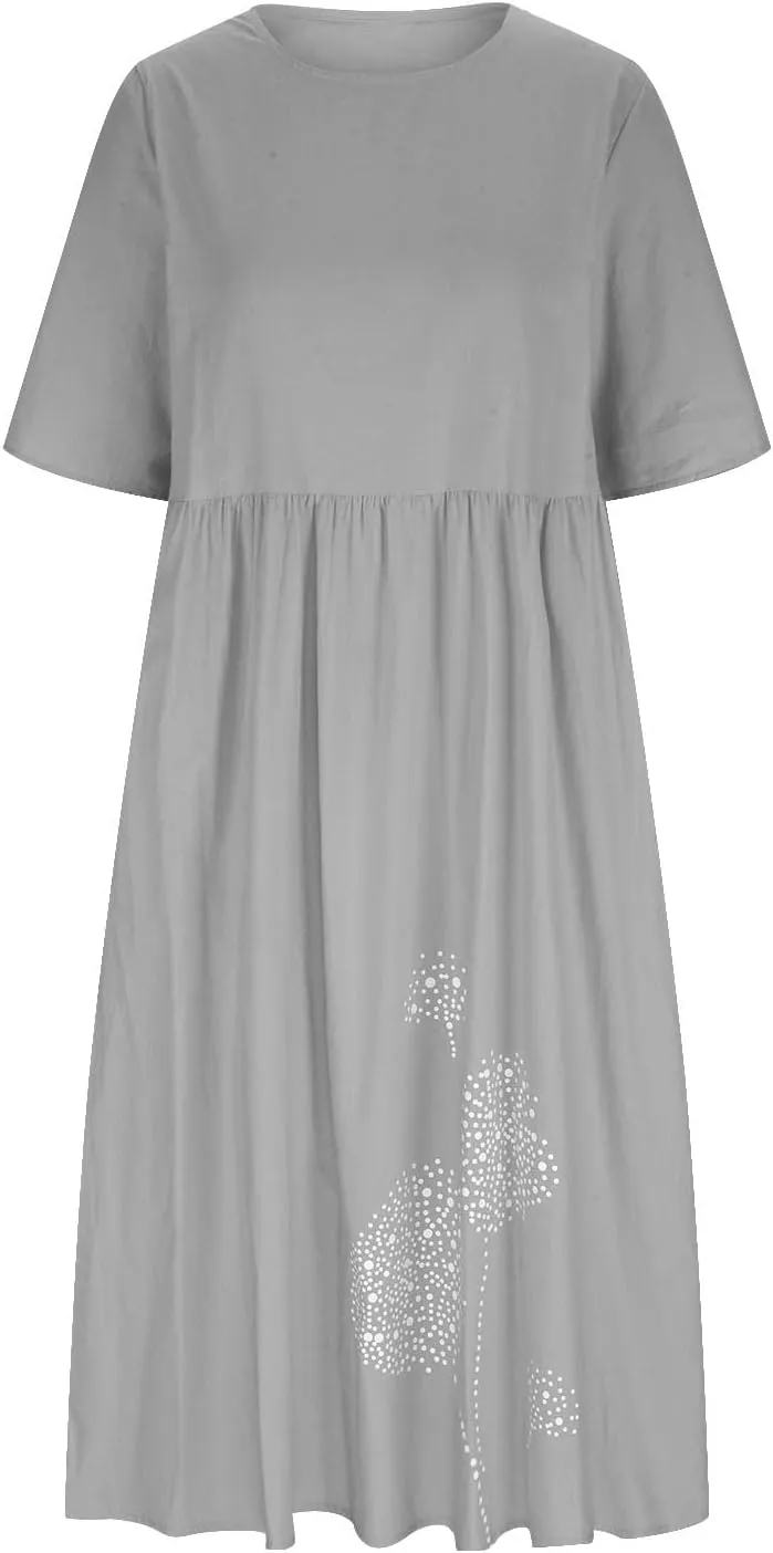 Women's Cotton Linen Midi Dress Summer Short Sleeve Dresses Elegant Casual A-Line Solid Tshirt Sundress with Pockets