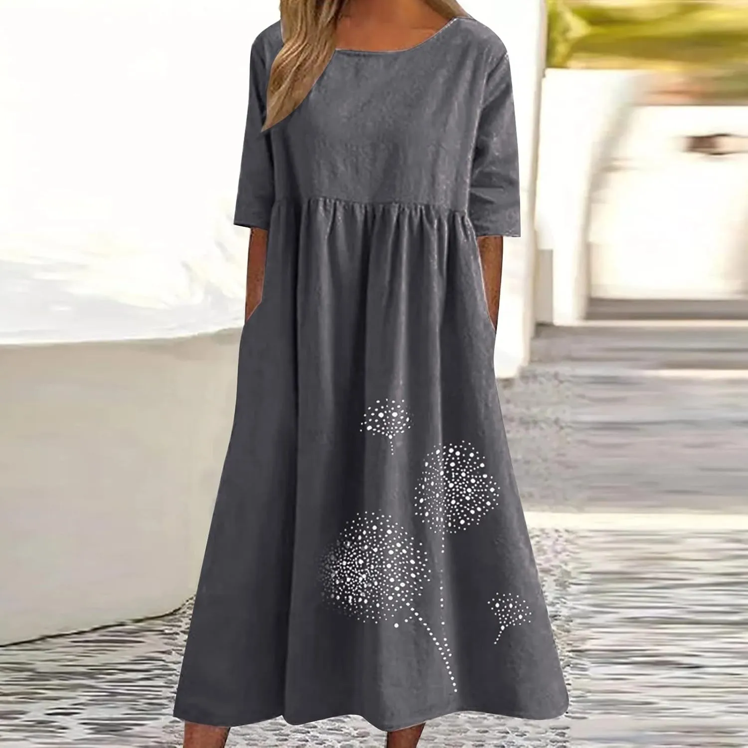 Women's Cotton Linen Midi Dress Summer Short Sleeve Dresses Elegant Casual A-Line Solid Tshirt Sundress with Pockets