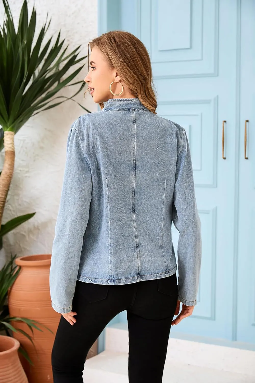 Womens Cropped Jean Jacket 2025 Trendy Lightweight Denim Jacket Slim Fit Button Open Front Tunic Shacket