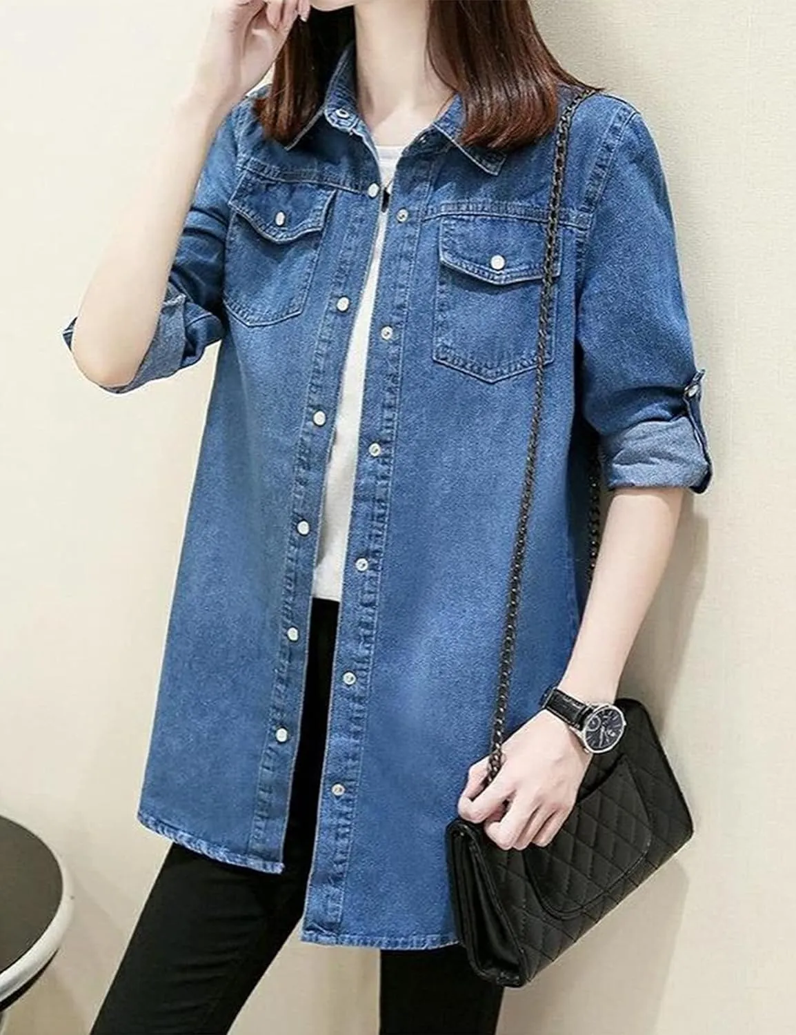 Women's Denim Shirt Long Sleeve Button Down Jean Jacket Shirt