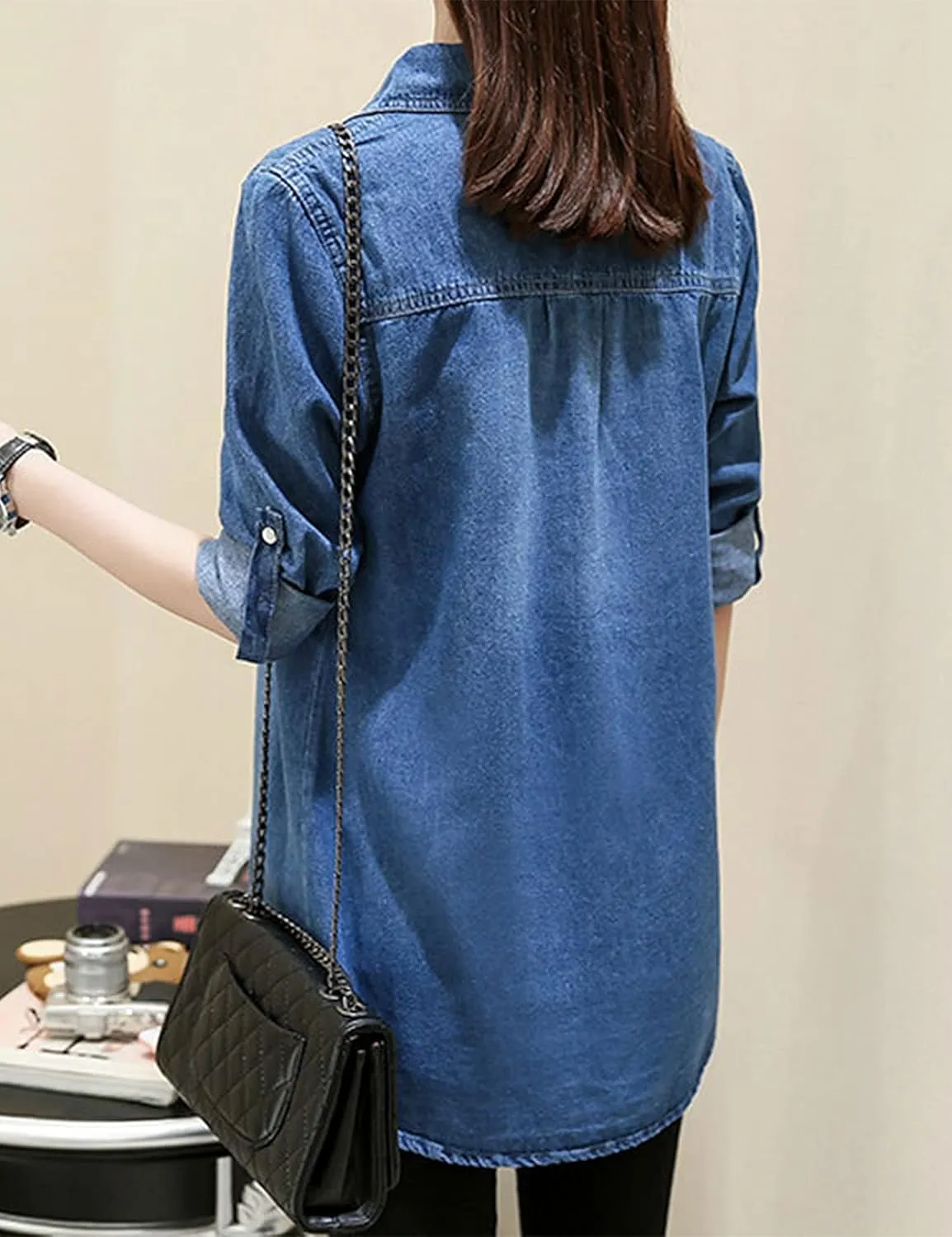 Women's Denim Shirt Long Sleeve Button Down Jean Jacket Shirt