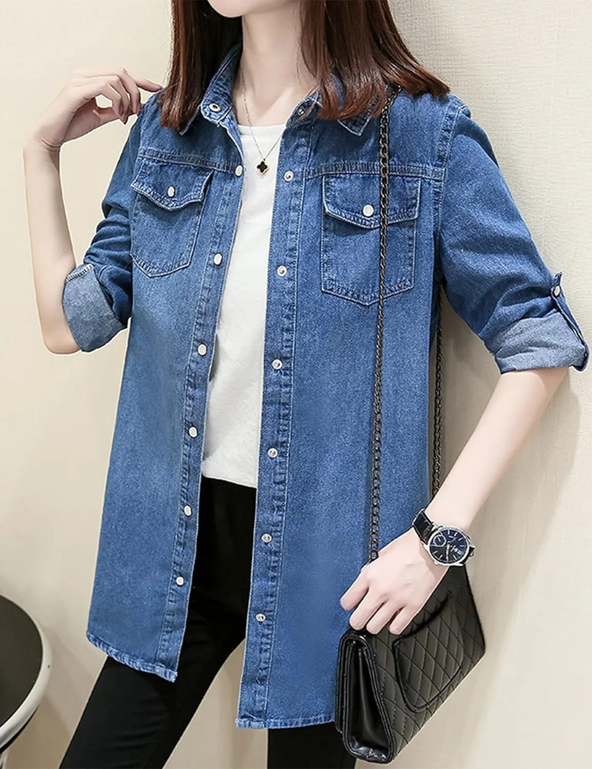 Women's Denim Shirt Long Sleeve Button Down Jean Jacket Shirt