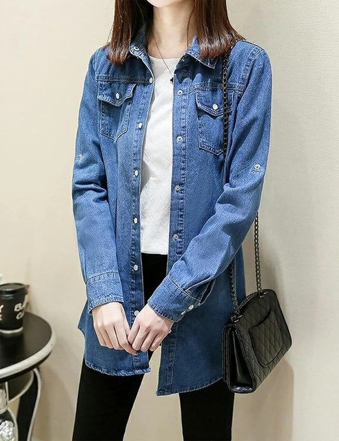 Women's Denim Shirt Long Sleeve Button Down Jean Jacket Shirt