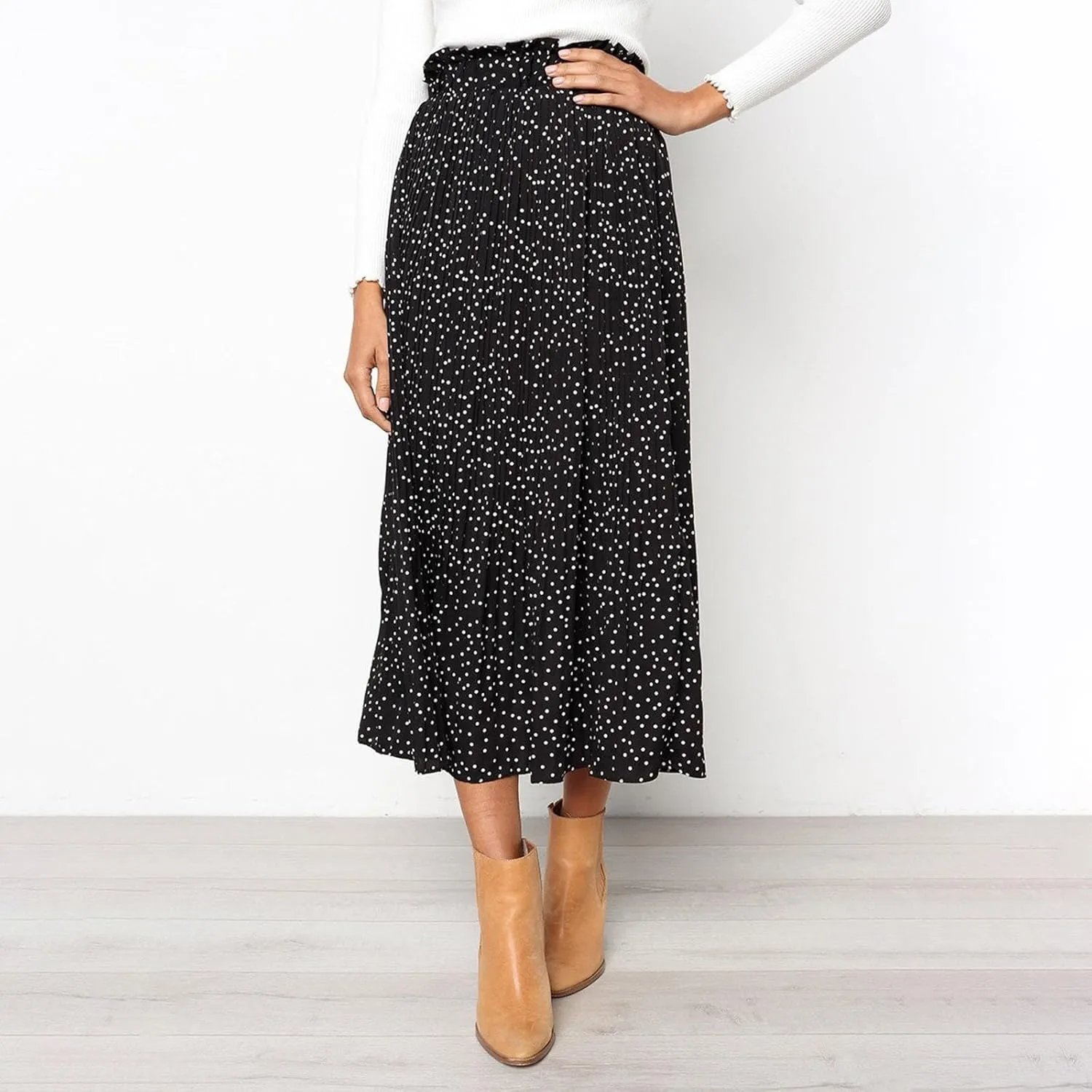 Women's Elastic High Waisted Polka Dot A Line Pleated Swing Bohemian Maxi Skirt Flowly Elegant Casual Midi Dress