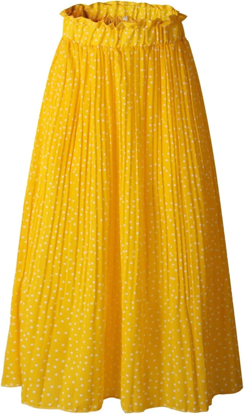 Women's Elastic High Waisted Polka Dot A Line Pleated Swing Bohemian Maxi Skirt Flowly Elegant Casual Midi Dress