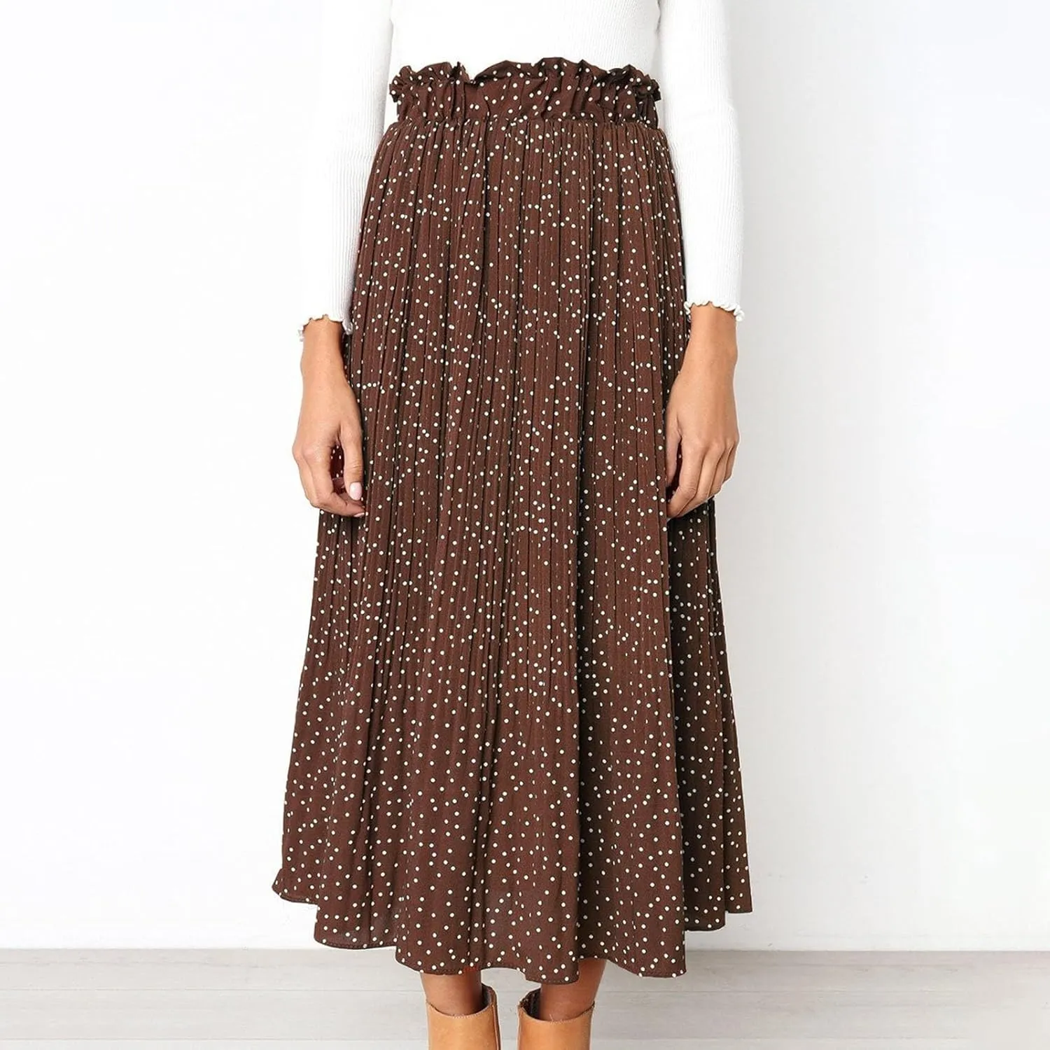 Women's Elastic High Waisted Polka Dot A Line Pleated Swing Bohemian Maxi Skirt Flowly Elegant Casual Midi Dress