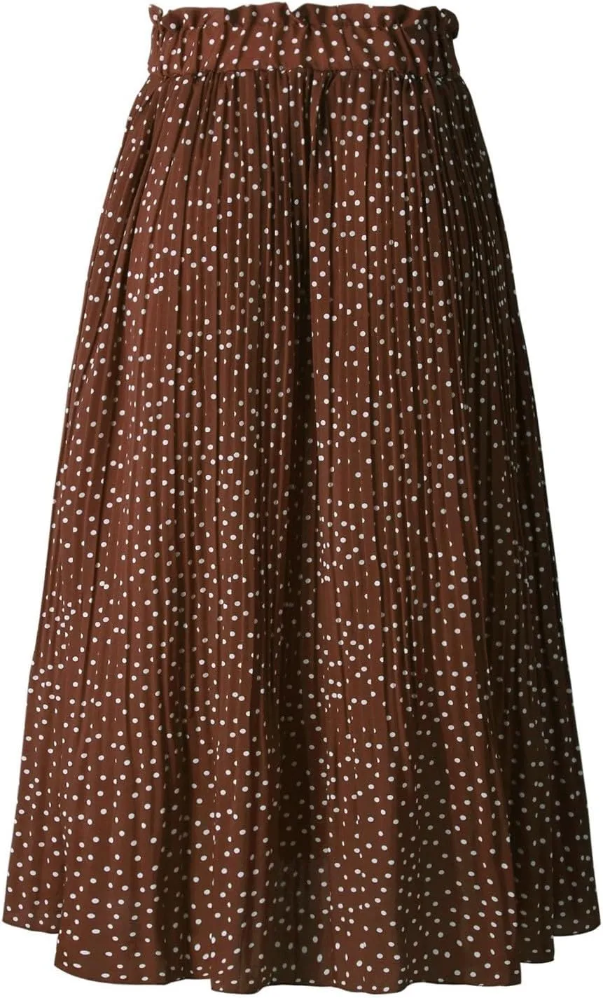Women's Elastic High Waisted Polka Dot A Line Pleated Swing Bohemian Maxi Skirt Flowly Elegant Casual Midi Dress