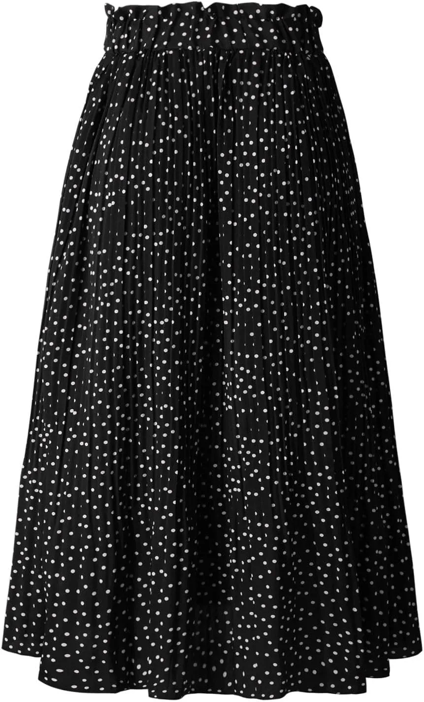 Women's Elastic High Waisted Polka Dot A Line Pleated Swing Bohemian Maxi Skirt Flowly Elegant Casual Midi Dress