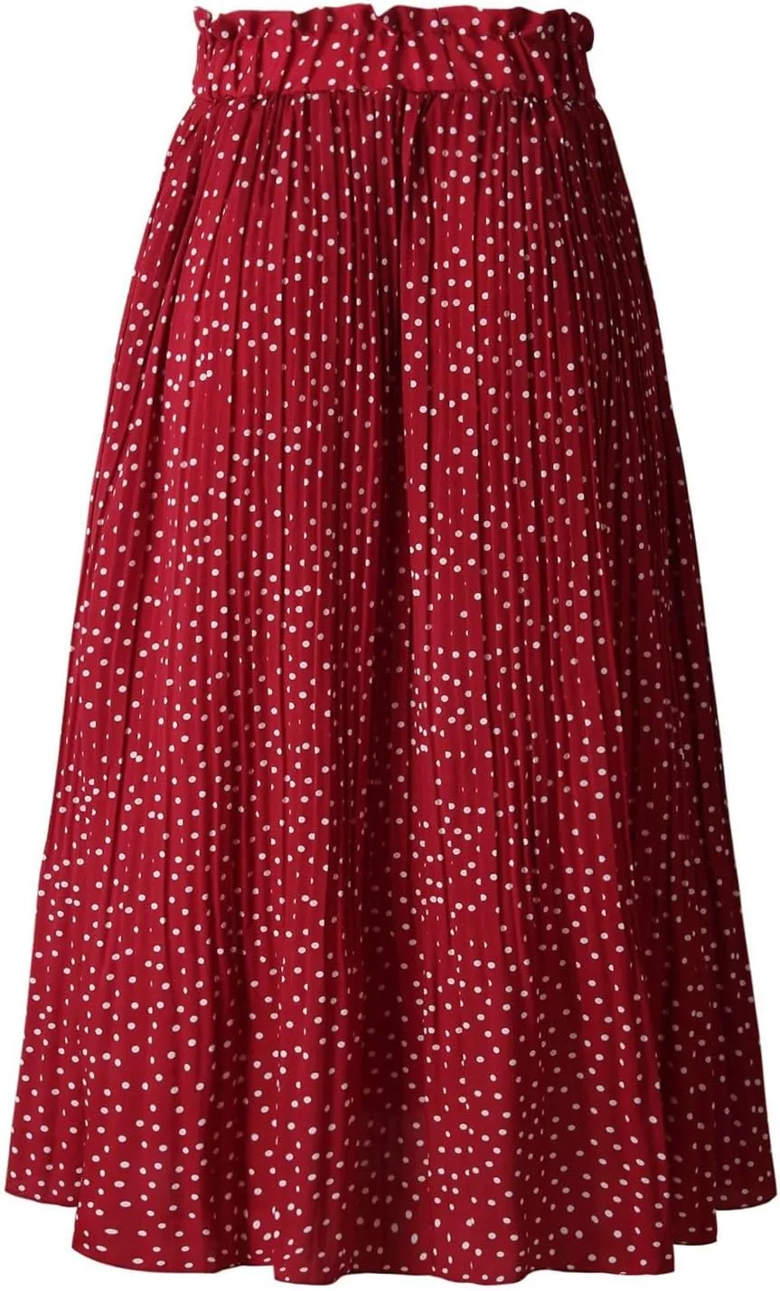 Women's Elastic High Waisted Polka Dot A Line Pleated Swing Bohemian Maxi Skirt Flowly Elegant Casual Midi Dress
