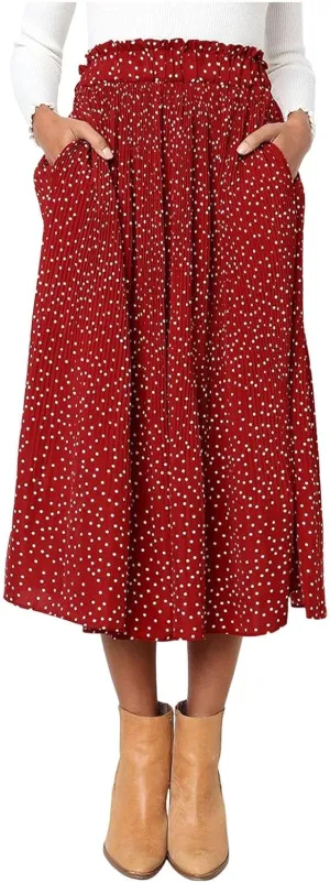 Women's Elastic High Waisted Polka Dot A Line Pleated Swing Bohemian Maxi Skirt Flowly Elegant Casual Midi Dress