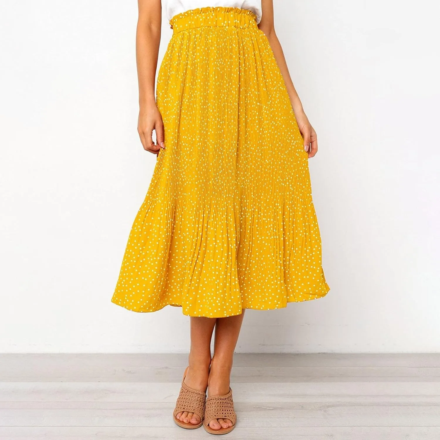 Women's Elastic High Waisted Polka Dot A Line Pleated Swing Bohemian Maxi Skirt Flowly Elegant Casual Midi Dress