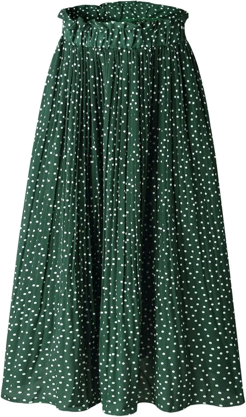 Women's Elastic High Waisted Polka Dot A Line Pleated Swing Bohemian Maxi Skirt Flowly Elegant Casual Midi Dress