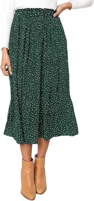 Women's Elastic High Waisted Polka Dot A Line Pleated Swing Bohemian Maxi Skirt Flowly Elegant Casual Midi Dress