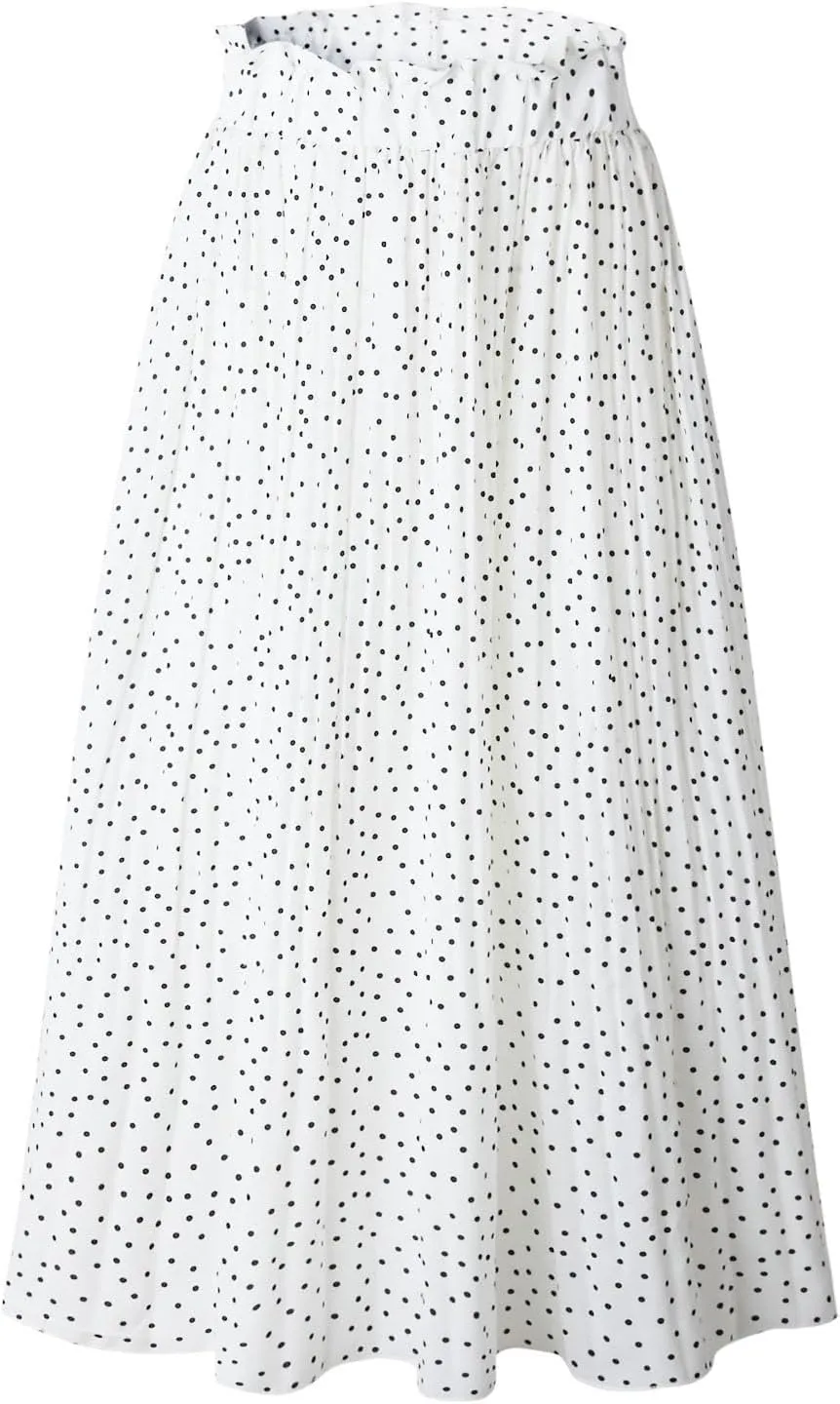Women's Elastic High Waisted Polka Dot A Line Pleated Swing Bohemian Maxi Skirt Flowly Elegant Casual Midi Dress