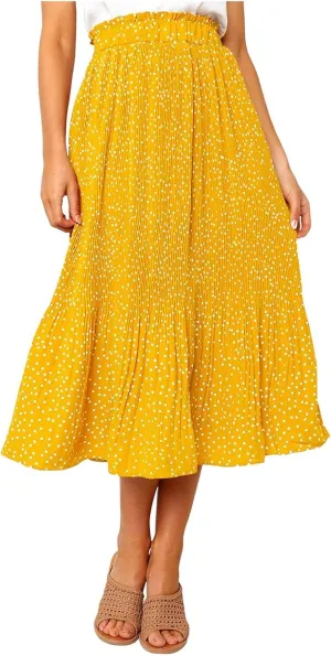 Women's Elastic High Waisted Polka Dot A Line Pleated Swing Bohemian Maxi Skirt Flowly Elegant Casual Midi Dress