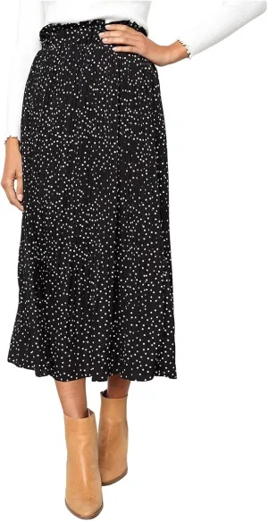 Women's Elastic High Waisted Polka Dot A Line Pleated Swing Bohemian Maxi Skirt Flowly Elegant Casual Midi Dress