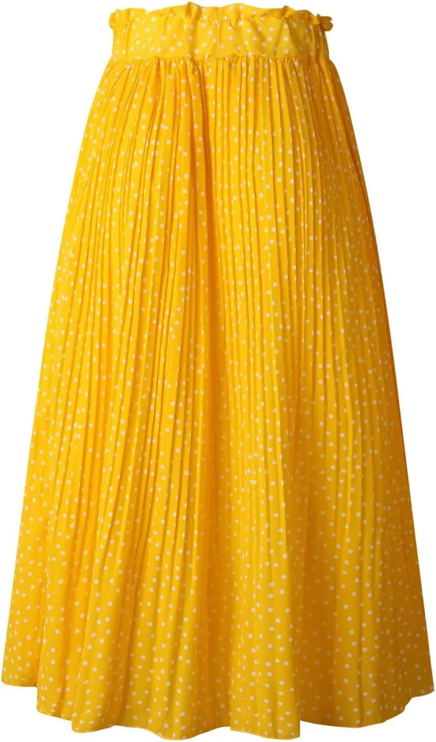 Women's Elastic High Waisted Polka Dot A Line Pleated Swing Bohemian Maxi Skirt Flowly Elegant Casual Midi Dress