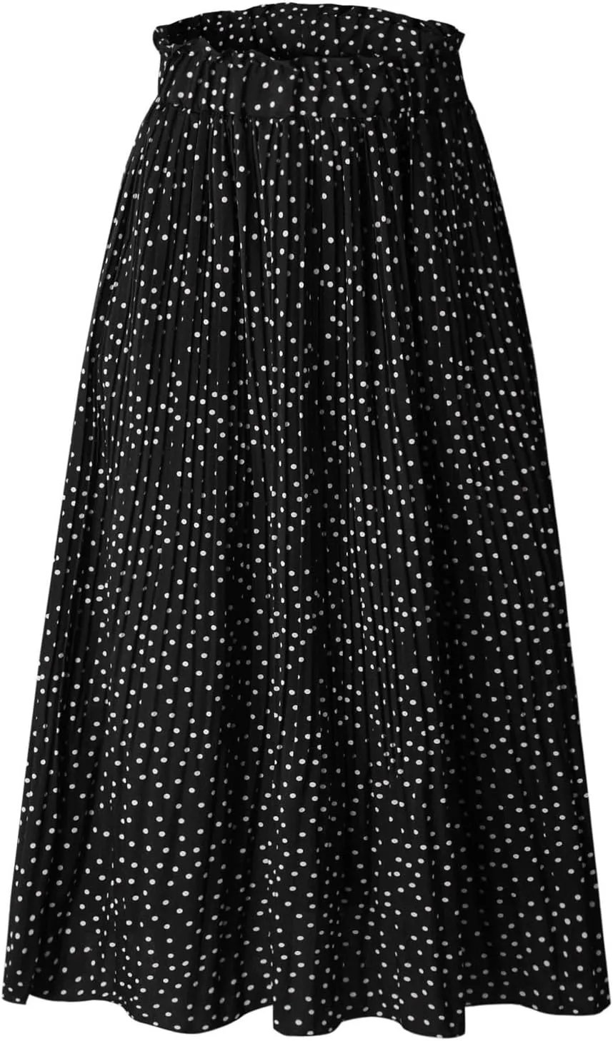 Women's Elastic High Waisted Polka Dot A Line Pleated Swing Bohemian Maxi Skirt Flowly Elegant Casual Midi Dress