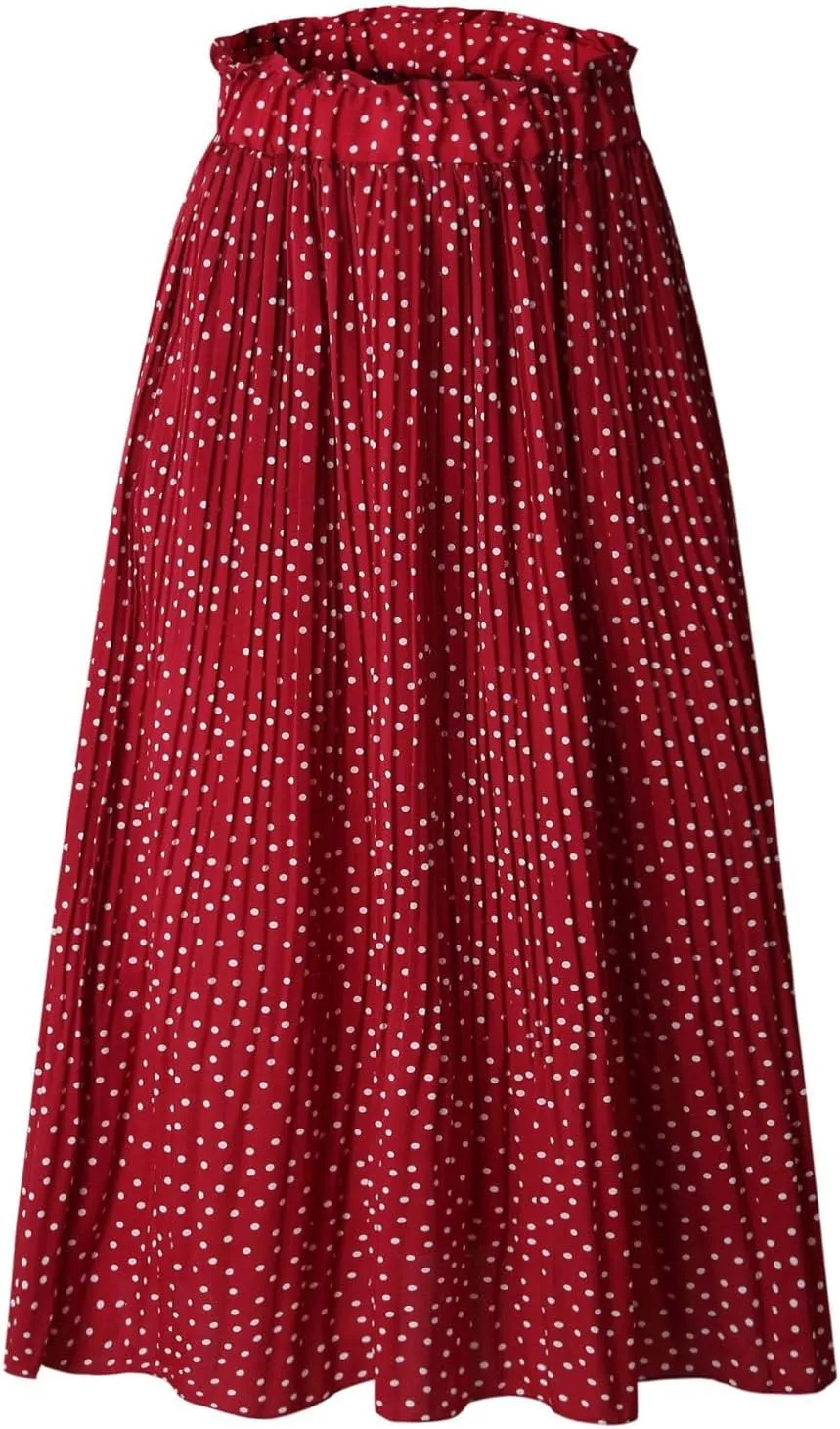 Women's Elastic High Waisted Polka Dot A Line Pleated Swing Bohemian Maxi Skirt Flowly Elegant Casual Midi Dress