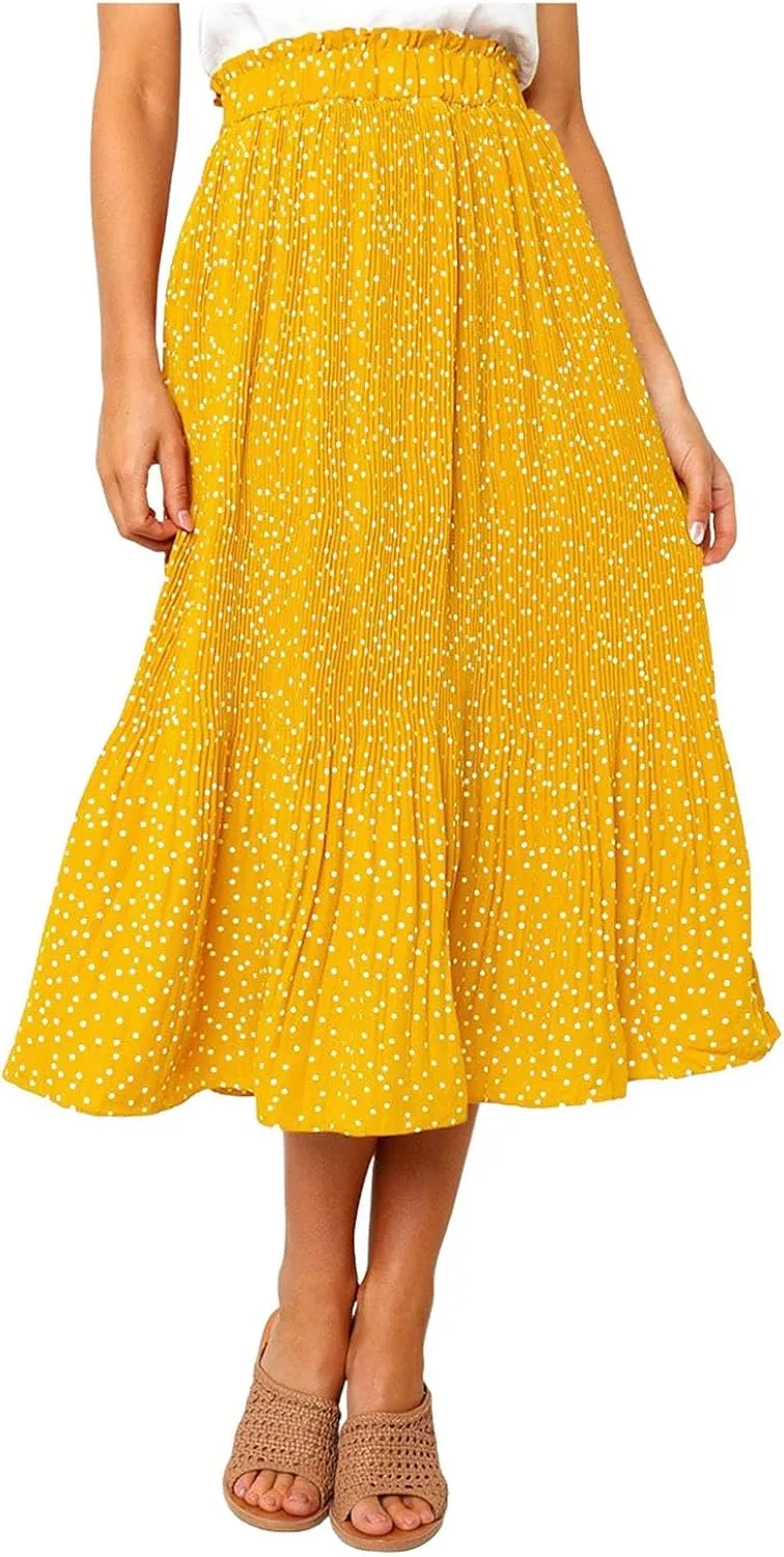 Women's Elastic High Waisted Polka Dot A Line Pleated Swing Bohemian Maxi Skirt Flowly Elegant Casual Midi Dress