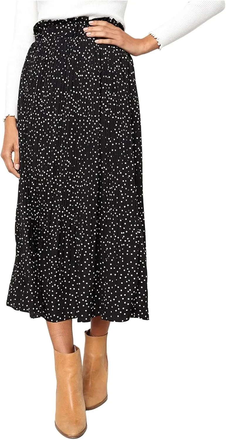 Women's Elastic High Waisted Polka Dot A Line Pleated Swing Bohemian Maxi Skirt Flowly Elegant Casual Midi Dress