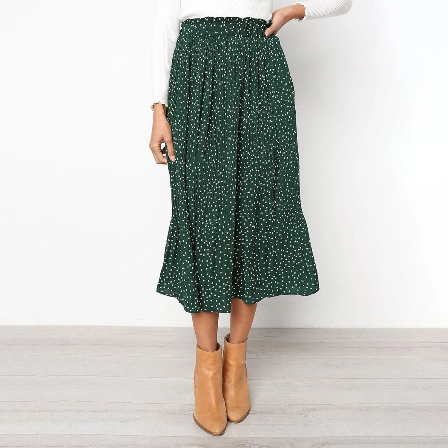 Women's Elastic High Waisted Polka Dot A Line Pleated Swing Bohemian Maxi Skirt Flowly Elegant Casual Midi Dress