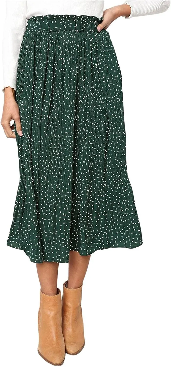 Women's Elastic High Waisted Polka Dot A Line Pleated Swing Bohemian Maxi Skirt Flowly Elegant Casual Midi Dress