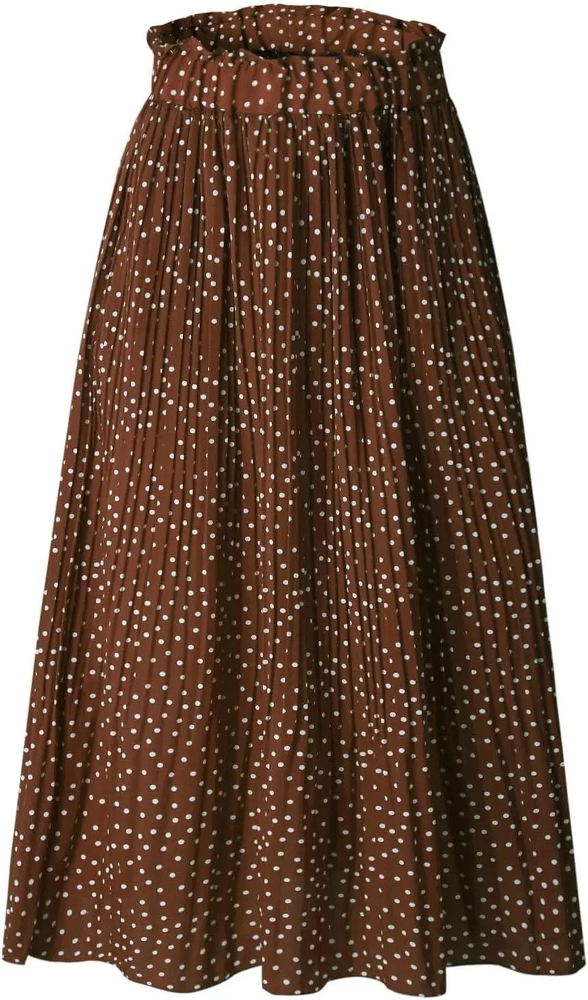 Women's Elastic High Waisted Polka Dot A Line Pleated Swing Bohemian Maxi Skirt Flowly Elegant Casual Midi Dress