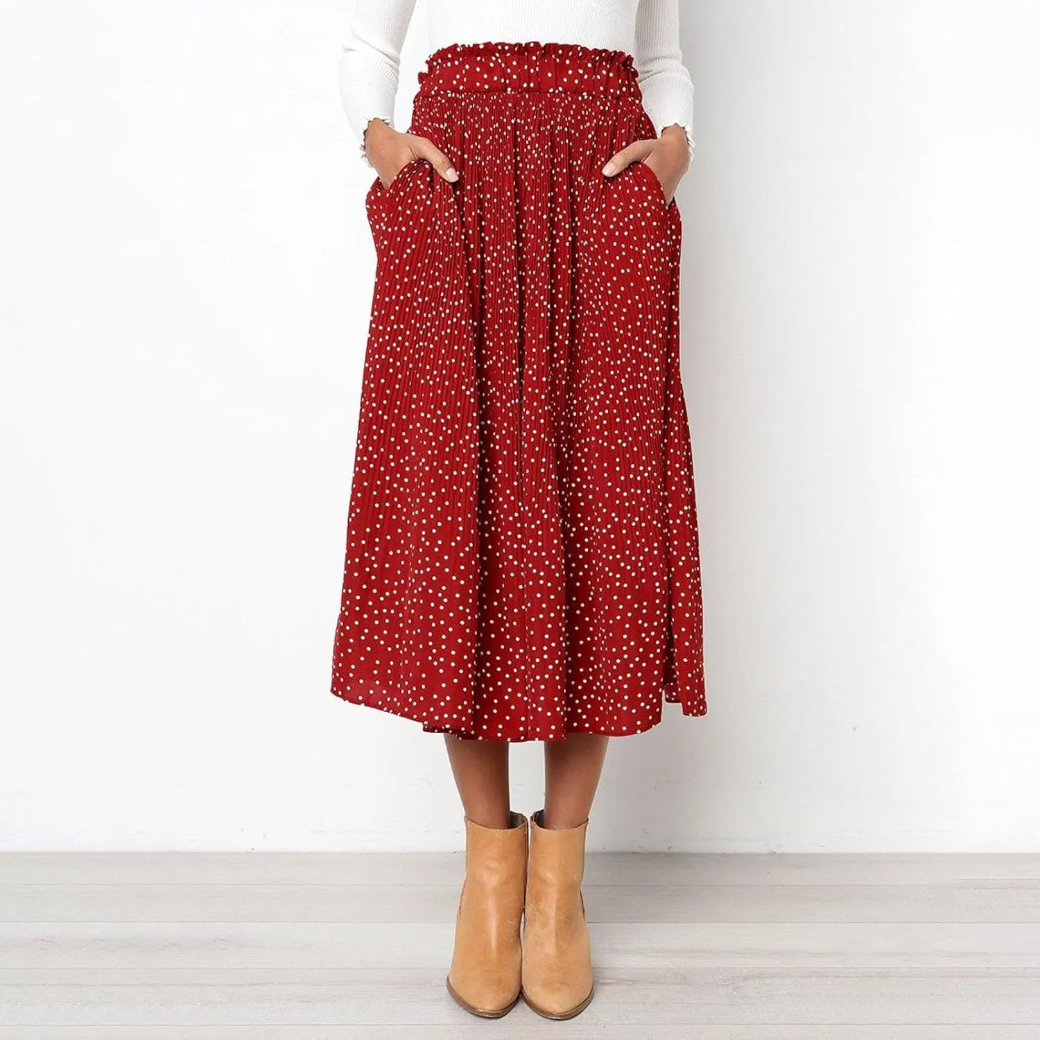Women's Elastic High Waisted Polka Dot A Line Pleated Swing Bohemian Maxi Skirt Flowly Elegant Casual Midi Dress