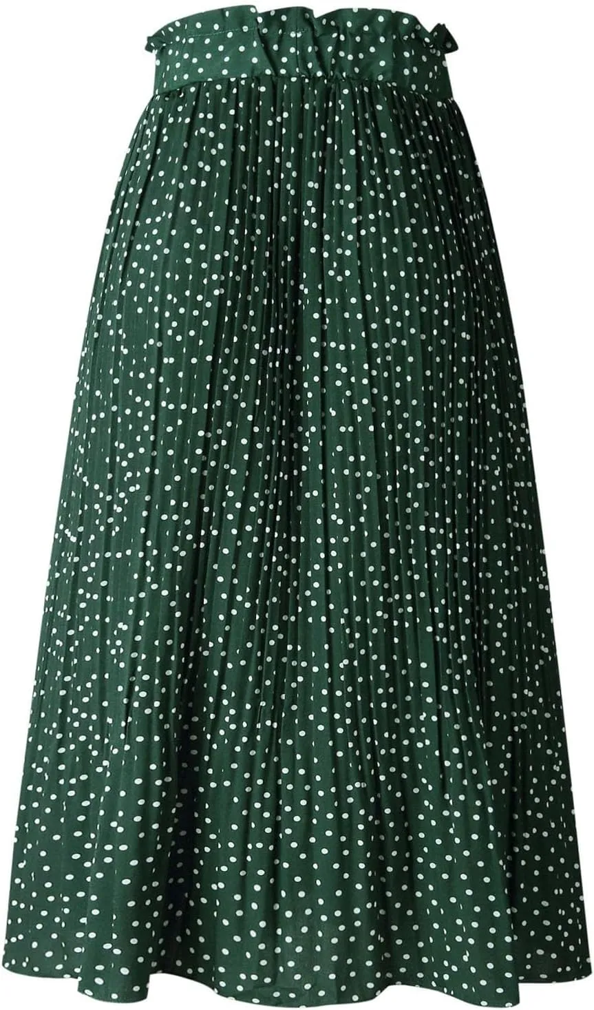 Women's Elastic High Waisted Polka Dot A Line Pleated Swing Bohemian Maxi Skirt Flowly Elegant Casual Midi Dress