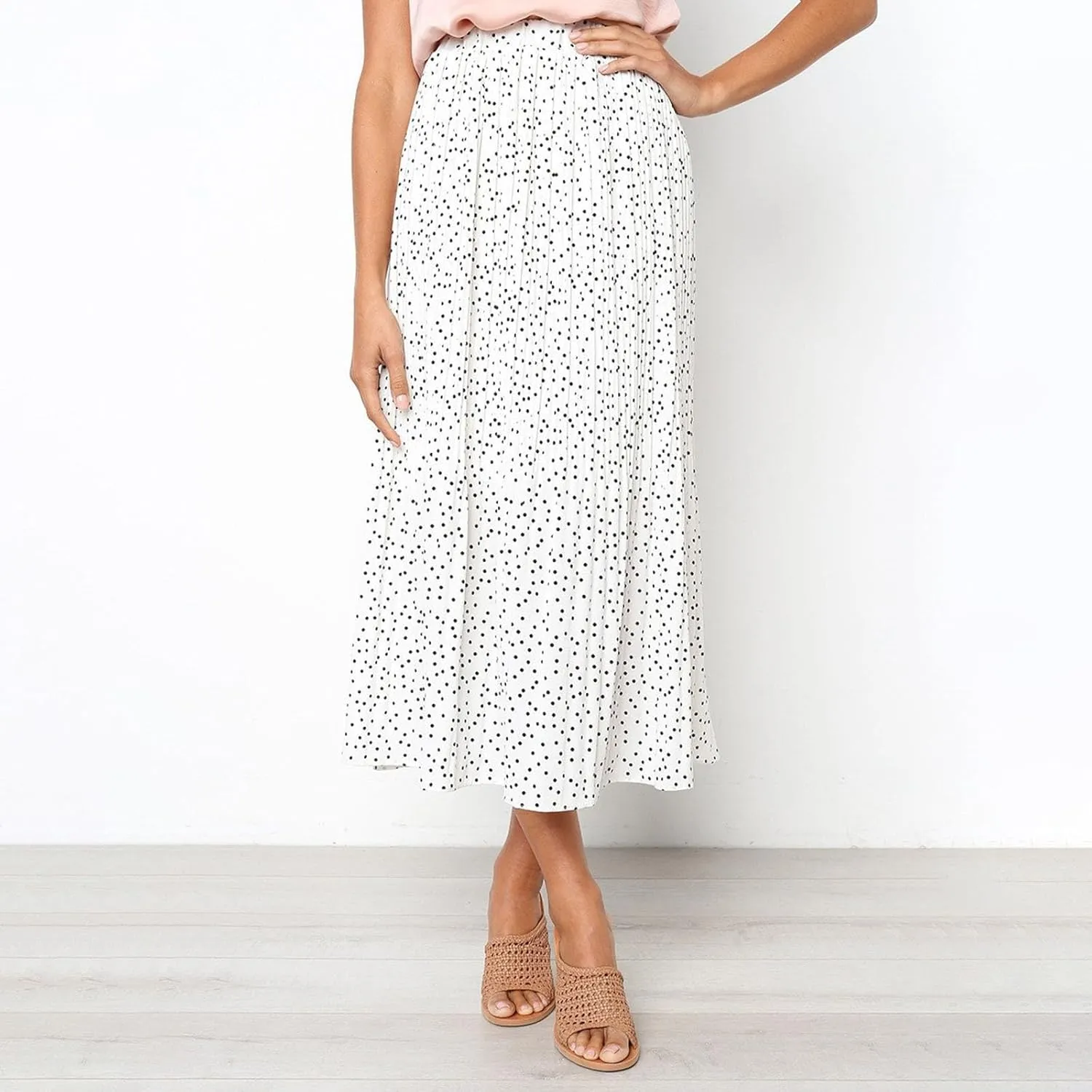 Women's Elastic High Waisted Polka Dot A Line Pleated Swing Bohemian Maxi Skirt Flowly Elegant Casual Midi Dress