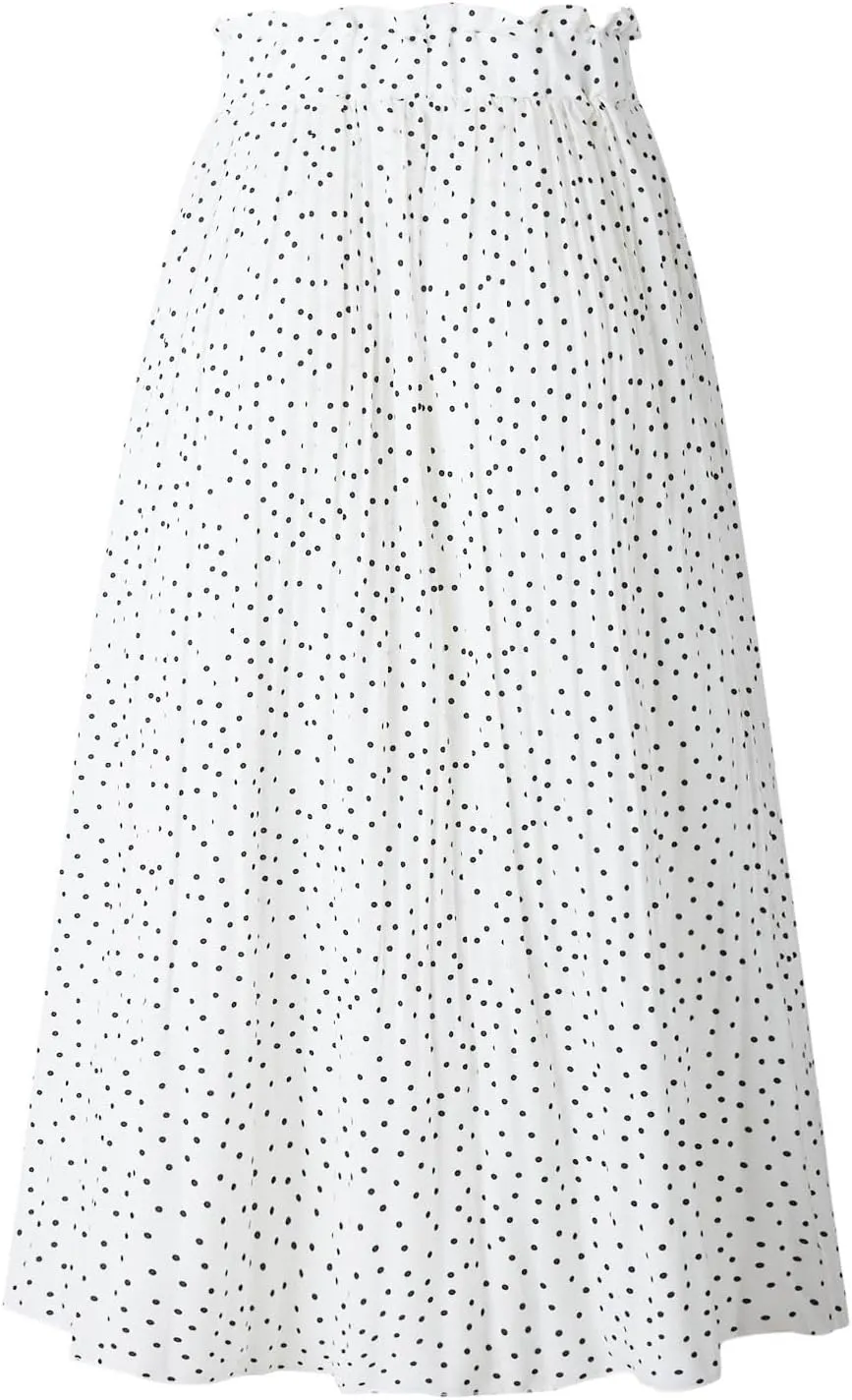 Women's Elastic High Waisted Polka Dot A Line Pleated Swing Bohemian Maxi Skirt Flowly Elegant Casual Midi Dress
