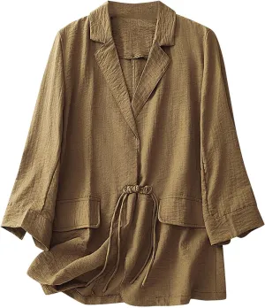 Women's Fall Casual Cotton Linen Blazers Lapel 3/4 Sleeve Open Front Lightweight Solid Color Jackets Coat with Pockets
