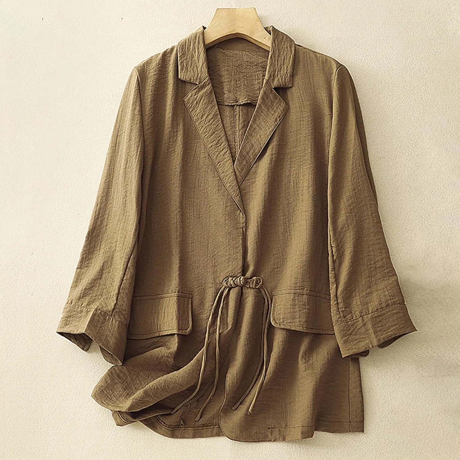 Women's Fall Casual Cotton Linen Blazers Lapel 3/4 Sleeve Open Front Lightweight Solid Color Jackets Coat with Pockets